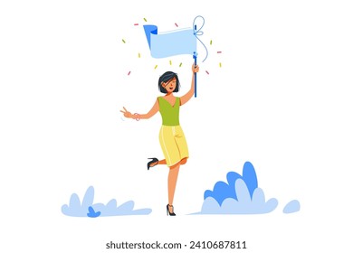 Celebrating Woman with Flag, vector illustration. Depicts an energetic character expressing joy and success.