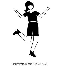 celebrating woman young happy character vector illustration white and black