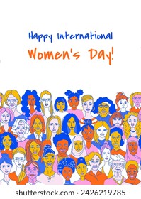 Celebrating Women: Diverse Portrait Muster Hintergrund Grußkarte Poster International Women's Day Young, mittleres Alter, Senior, Erwachsene Diversity multiethnische Gruppe. Hand gezeichnete Linie Doodle Vektor Illustration