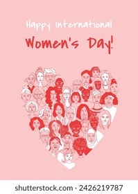 Celebrating Women: Diverse Portrait pattern background Greeting Card Poster International Women's Day Young, middle age, senior, adult Diversity multiethnic group. Hand drawn line doodle vector illust