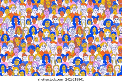 Celebrando a las mujeres: Diverso retrato sin patrón de fondo Día Internacional de la Mujer Joven, mediana edad, senior, adulta mujeres Diversidad grupo multiétnico. Dibujado a mano línea doodle ilustración vectorial