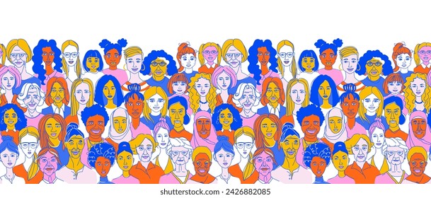 Celebrating Women: Diverse Portrait seamless pattern background International Women's Day Young, middle age, senior, adult women Diversity multiethnic group. Hand drawn line doodle vector illustration