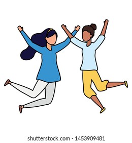celebrating women happy jumping characters vector illustration