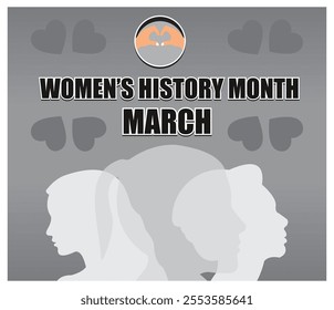 Celebrating Women History Month in March, featuring silhouettes of diverse women on a gray background. Honoring women achievements and promoting gender equality.  Flat vector modern illustration 