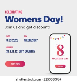 celebrating Womens day. Womens day celebration announcement banner join us and get discount. 8th march celebration invitation on smartphone. join us. Mobile app wishing womens day on cyan background