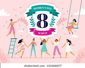 Celebrating womens day. Eight march celebration, happy laughing woman and international female holiday. Girl power day postcard, ladies 8 march feminism party vector flat illustration