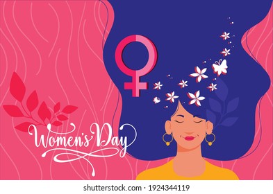 Celebrating Women's Day, woman with eyes closed, flowing hair with butterflies and flowers.