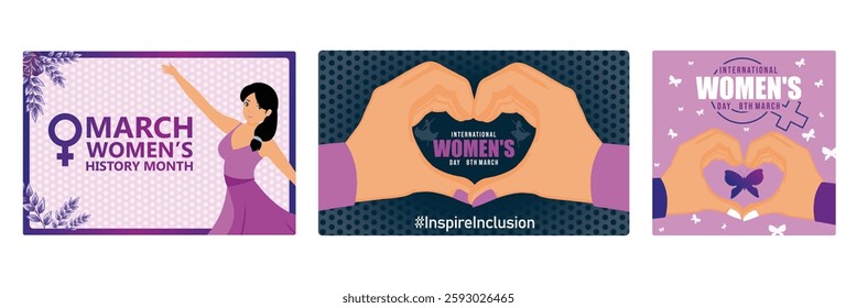 Celebrating Women's History Month in March. Symbolizes progress, equality, and strength to honor women. Female hands forming a heart. Women's History Month concept. Set flat vector illustration.