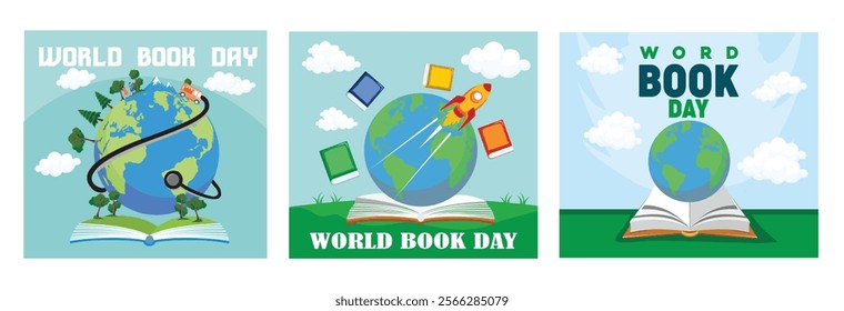 Celebrating World Book Day. Books that circle the earth on a flying rocket. Globe and Open Book. Set flat vector modern illustration 
