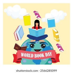 Celebrating World Book Day, featuring a globe with a reader surrounded by books. Promotes global literacy, creativity, and the joy of reading through a decorative and vibrant design. 