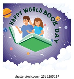 Celebrating World Book Day with a  featuring people reading books surrounded by an imaginative cosmic setting. Flat vector modern illustration 