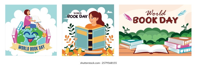 Celebrating World Book Day. Readers, books and nature, conveying the joy of reading and the global recognition of literature. World Book Day concept. Set flat vector illustration.