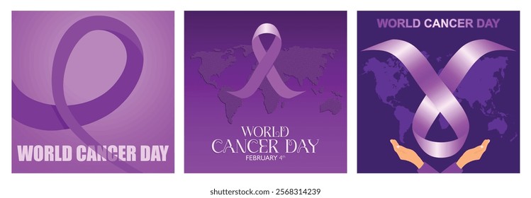 Celebrating World Cancer Awareness Day. Purple cancer awareness ribbon on earth map. World Cancer Day campaign on February 4th. World Cancer Day concept. Set flat vector illustration.