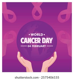 Celebrating World Cancer Day, featuring a symbolic globe, awareness ribbons, and caring hands against a purple background to inspire unity and health awareness on February 4th. 