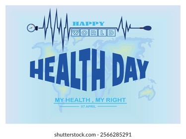 Celebrating World Health Day featuring vibrant blue hues, medical equipment, text, and global map elements. Highlights the importance of healthcare and well being observed. 