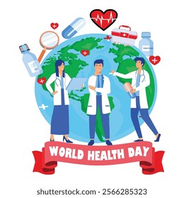 Celebrating World Health Day with a scene showing doctors, healthcare items, and a global health theme around Earth. Flat vector modern illustration 