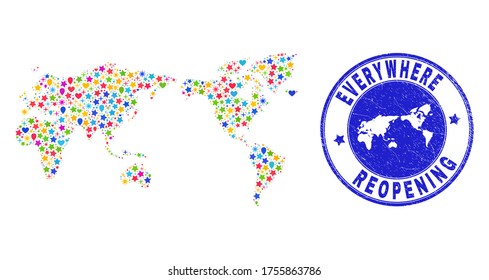 Celebrating world map collage and reopening rubber stamp seal. Vector collage world map is done of randomized stars, hearts, balloons. Rounded awry blue seal with grunge rubber texture.
