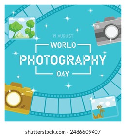 Celebrating World Photography Day, August 19. Camera, photo, and cliche photography elements. World Photography Day concept. Flat vector illustration.