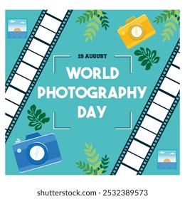 Celebrating World Photography Day, August 19. Camera, photo, and cliche photography elements. World Photography Day concept. flat vector modern illustration