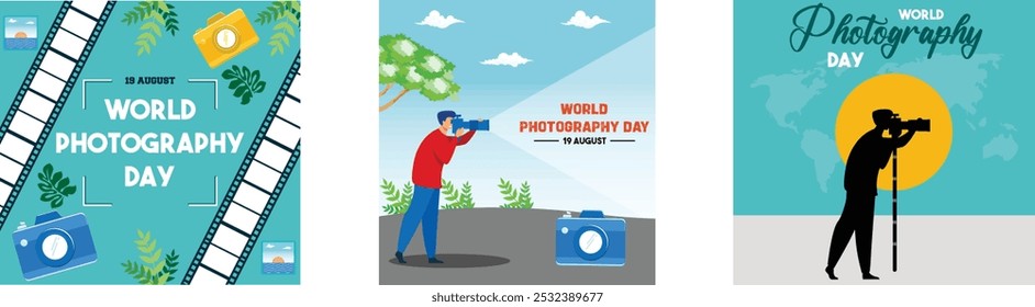 Celebrating World Photography Day, August 19. World Photography day. World Photography Day social media banner and post design. Set flat vector modern illustration 