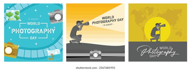 Celebrating World Photography Day, August 19. A photographer is taking photos. World Photography Day celebration with world map background. World Photography Day concept. Set flat vector illustration.