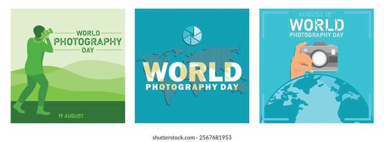 Celebrating World Photography Day. Technological advances in the arts.Hand holding camera above globe. World Photography Day concept. Set flat vector illustration.