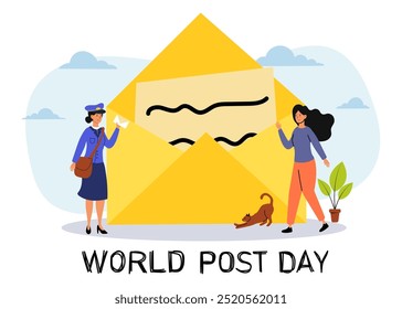 Celebrating World Post Day with a postal worker and a woman by a giant envelope