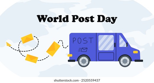 Celebrating World Post Day with a van delivering mail and letters on the world map