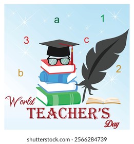 Celebrating World Teacher's Day featuring books, a quill, and educational elements emphasizing respect for educators worldwide. Flat vector modern illustration 