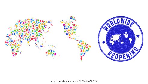 Celebrating worldwide map mosaic and reopening grunge watermark. Vector collage worldwide map is designed with randomized stars, hearts, balloons. Rounded wry blue seal with grunge rubber texture.