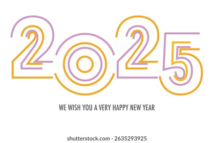 Celebrating the year 2025, the number in colorful stroke with word we wish you a very happy new year in gray color at the bottom.