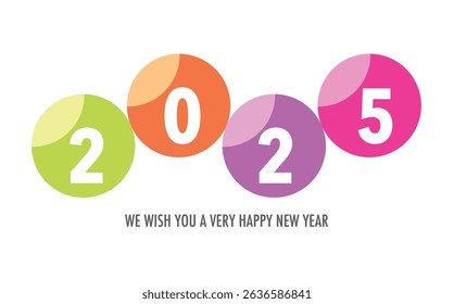 Celebrating the year 2025, the number in lime green orange purple and pink circle with word we wish you a very happy new year in gray color at the bottom.