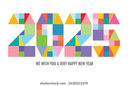 Comemorando o ano de 2025, o número em muitas cores pastel quadrado e a palavra que lhe desejamos um ano novo muito feliz na cor cinza na parte inferior.