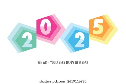 Celebrating the year 2025, the number in pentagon shape various color. Below the text in gray, we wish you a very happy new year.