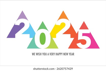 Celebrating the year 2025, the number in triangle rainbow color. Below the text in gray, we wish you a very happy new year.