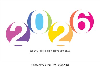 Comemorando o ano de 2026, o número em círculo cor do arco-íris e a palavra que lhe desejamos um ano novo muito feliz na cor cinza na parte inferior.