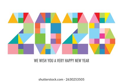 Celebrating the year 2026, the number in many square pastel color and the word we wish you a very happy new year in gray color at the bottom.