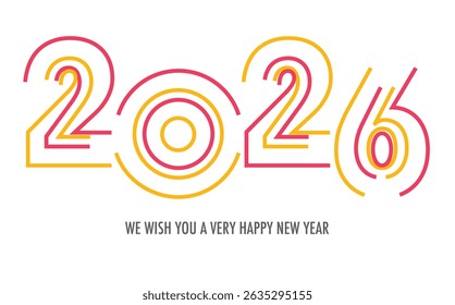 Celebrating the year 2026, the number in red and yellow color stroke with word we wish you a very happy new year in gray color at the bottom.
