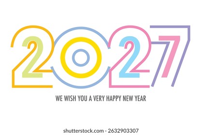 Celebrating the year 2027, the number in colorful striped with word we wish you a very happy new year in gray color at the bottom.