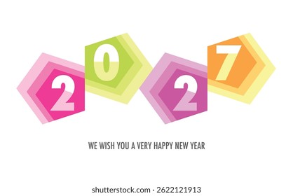 Celebrating the year 2027, the number in pentagon shape various color. Below the text in gray, we wish you a very happy new year.