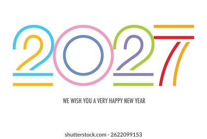Comemorando o ano de 2027, o número em listrado várias cores e a palavra que lhe desejamos um ano novo muito feliz na cor cinza na parte inferior.