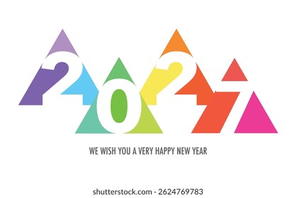 Celebrating the year 2027, the number in triangle rainbow color and the word we wish you a very happy new year in gray color at the bottom.