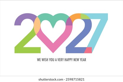 Celebrating the year 2027, the number in various pastel color. the word we wish you a very happy new year gray color at the bottom on white background.