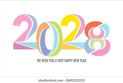 Celebrating the year 2028, the number in various color. Below the word in gray we wish you a very happy new year on white background.