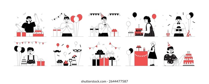 Celebrating your own birthday with cake and gifts complete with festive decorations, cartoon vector illustration.