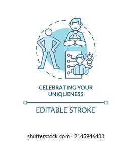 Celebrating your uniqueness turquoise concept icon. Charisma benefit abstract idea thin line illustration. Isolated outline drawing. Editable stroke. Arial, Myriad Pro-Bold fonts used