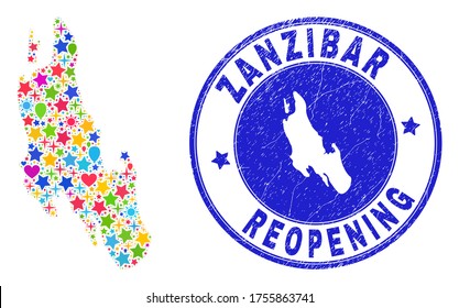 Celebrating Zanzibar Island map collage and reopening dirty stamp seal. Vector collage Zanzibar Island map is created with randomized stars, hearts, balloons.