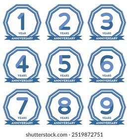 Celebration 1 to 9 Years Anniversary - Blue and Transparent Seals in Decagon Form with Ribbon.