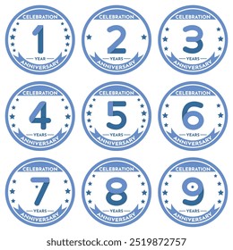 Celebration 1 to 9 Years Anniversary - Blue and Transparent Seals in Circular Shape.