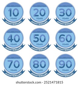 Celebração 10 a 90 anos de aniversário - Selos Azuis em Zig Zag Circle com Fita.